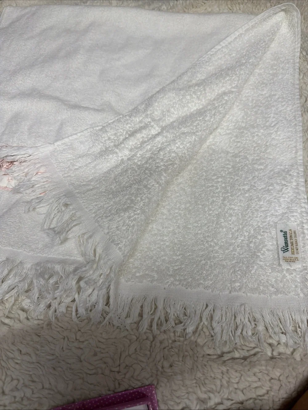 Vtg Wamsutta Heritage White Towel with Pink Embroidered Rose Border